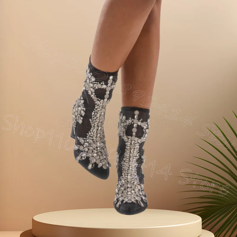 

Crystal Flower Black Mesh Pointed Toe Boots Back Zipper Women Shoes Chunky High Heels New Party Dating 2025 Zapatos Para Mujere