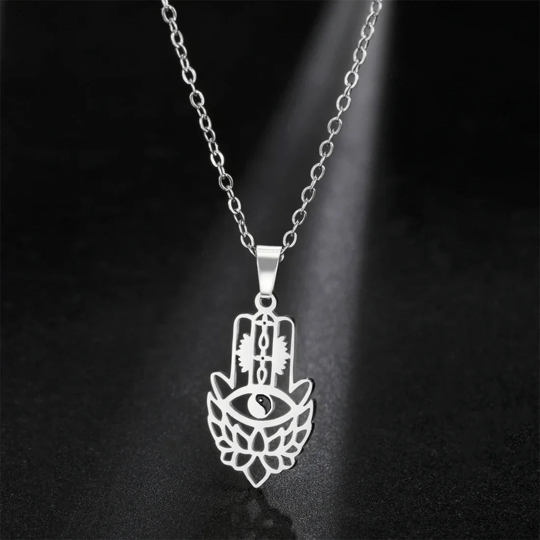 Fatima Hansa Handheld Lotus Stainless Steel Necklace Women's Anniversary Birthday Wedding Blessing Gift