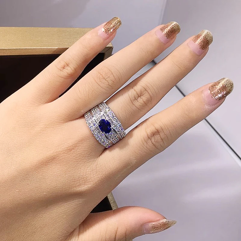 Huitan Sparkling Women Rings with Oval Blue CZ Wide Band Gorgeous Wedding Accessories Silver Color Brilliant Fashion Jewelry