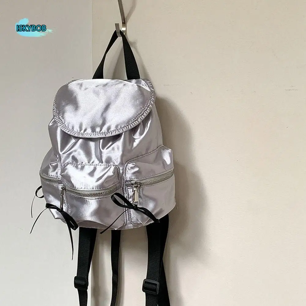 

Korean Style Drawstring Backpack Pearly Luster Silver Nylon Backpack Large Capacity Solid Color Ribbon Bow Shoulder Bag Women