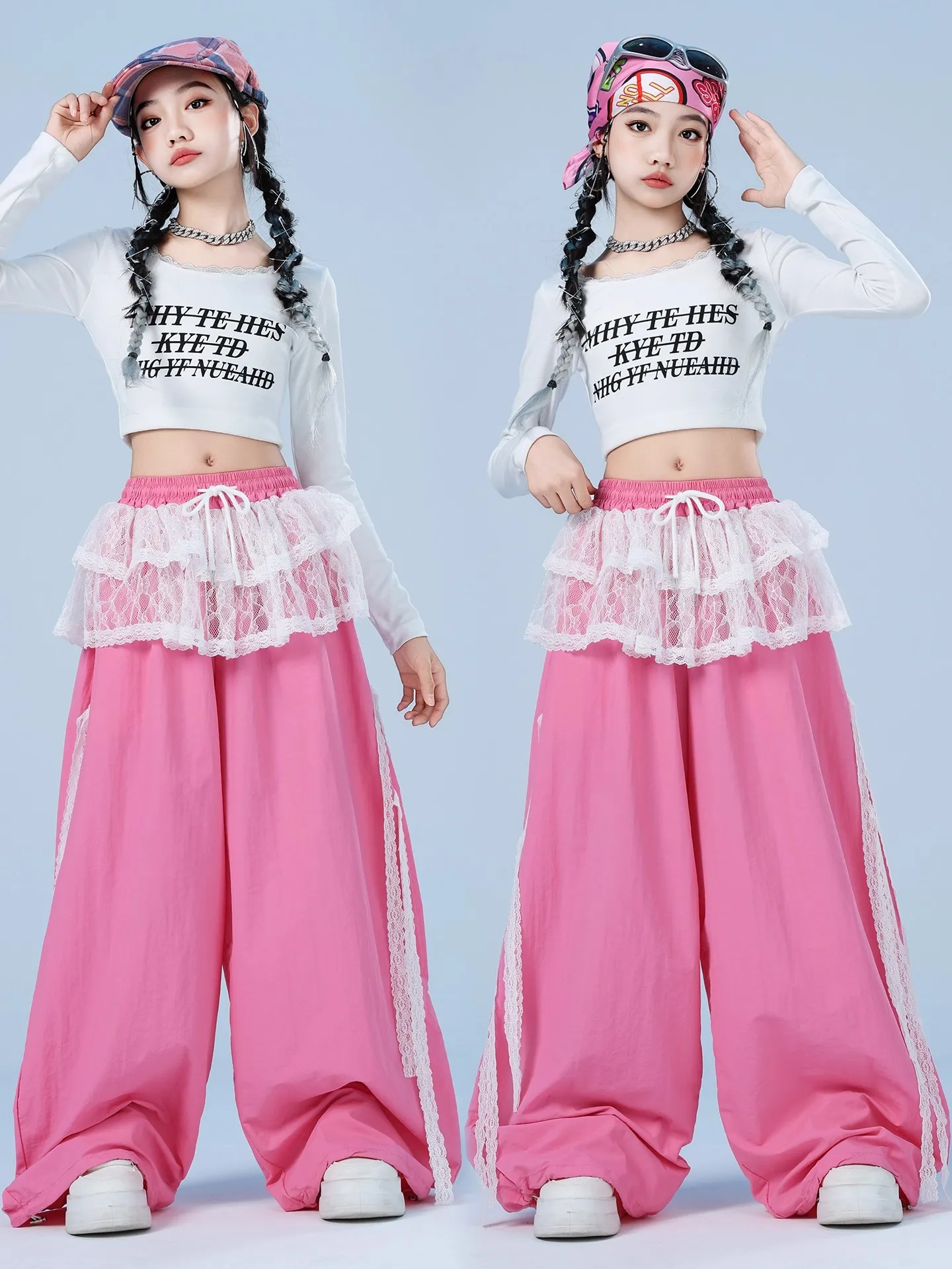 

Одежда для джазовых танцев для девочек, костюмы в стиле хип-хоп, укороченный топ с длинными рукавами и розовыми кружевными брюками, костюм для уличных танцев, DQL11941