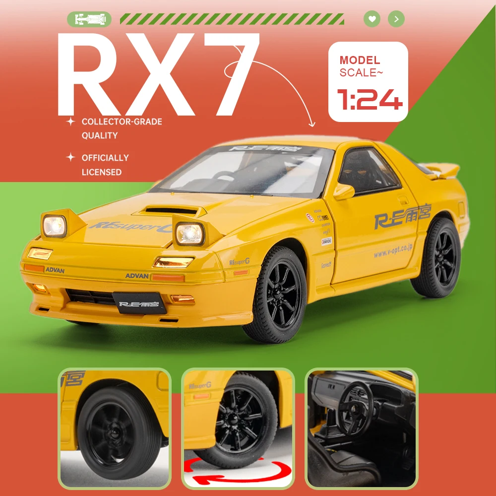 Modelo de Auto Deportivo RX7-FC MX-5 a Escala 1:24, Juguetes de Aleación Fundida a Presión, Miniatura de Superautos con Puertas que se Abren, Llantas de Goma con Sistema de Retroceso, Regalos de Cumpleaños