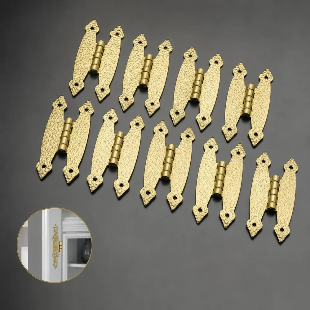 10Pcs Flush Mount Cabinet Hinges Decorative Wooden Hinges for Cupboard Wardrobe Furniture Hardware, Antique Brass Finish