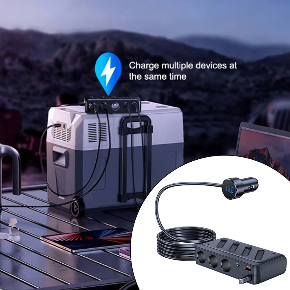 

For SUVs For Trucks LED Voltmeter 3-Socket Car Charger Road Trips Family Travel Multi Device Charging 45W PD Output