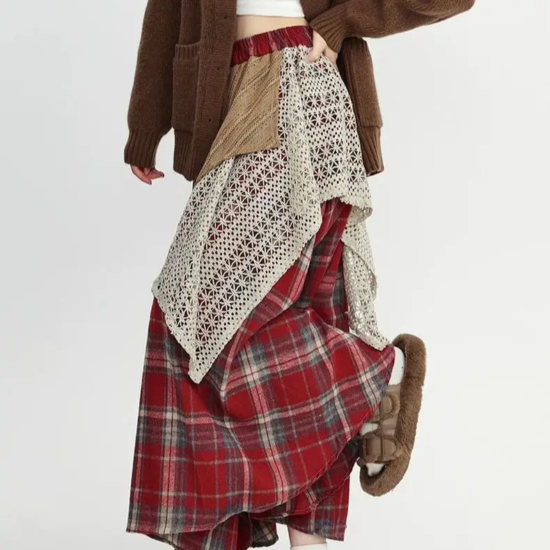 

Retro Irregular Patchwork Contrasting Plaid Skirt Faldas Grunge Subcultural American Streetwear Punk 2025 Y2k Long Skirts