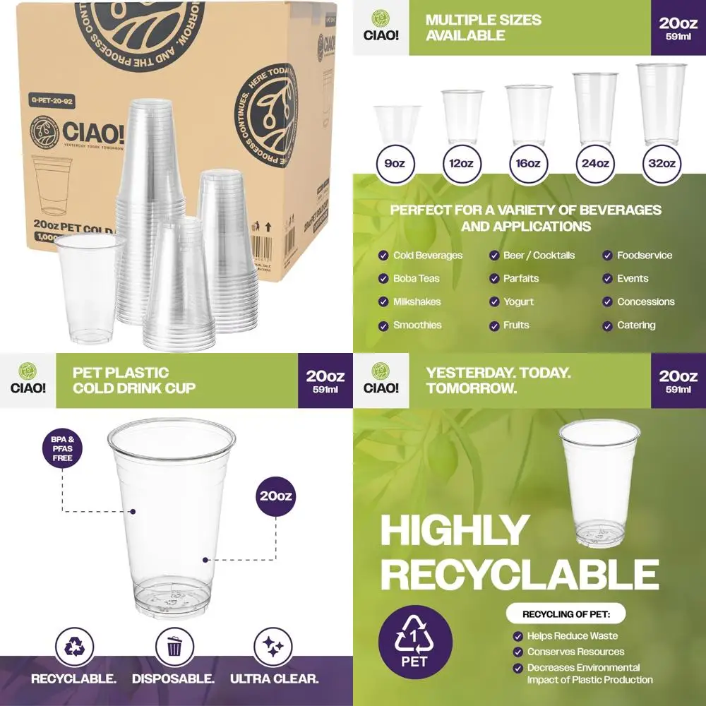 

20oz PET Plastic Cold Drink Cups for Smoothies, Iced Coffee, and Beverages - Bulk Case of 1000, 98mm Diameter