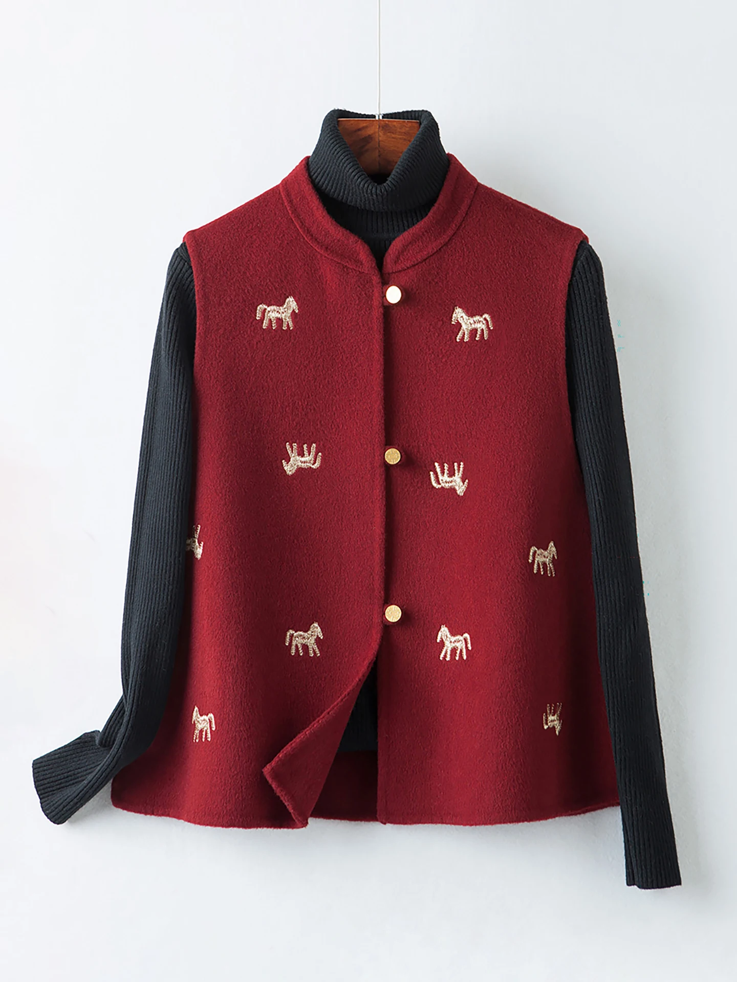 

Новая женская двусторонняя шерстяная жилетка Ele Red с вышивкой, в китайском стиле, с воротником-стойкой, верхняя одежда