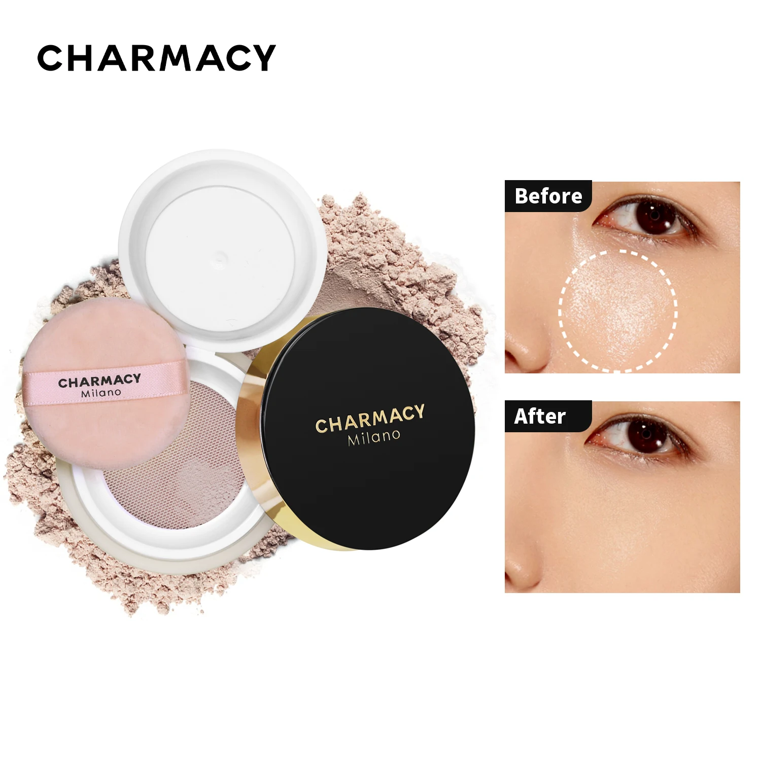 CHARMACY Long-lasting Waterproof Loose Powder Matte Oil-control Mineral Make Up Cosmetics For Face Finish Setting With Puff