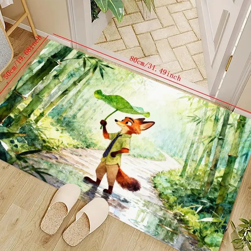 

1PC Disney Zootopia Nick Wilde Fox Anime Cartoon Floor Mat, Aesthetic Watercolor Bamboo Forest Rainy Scene Area Rug, Non-Slip &