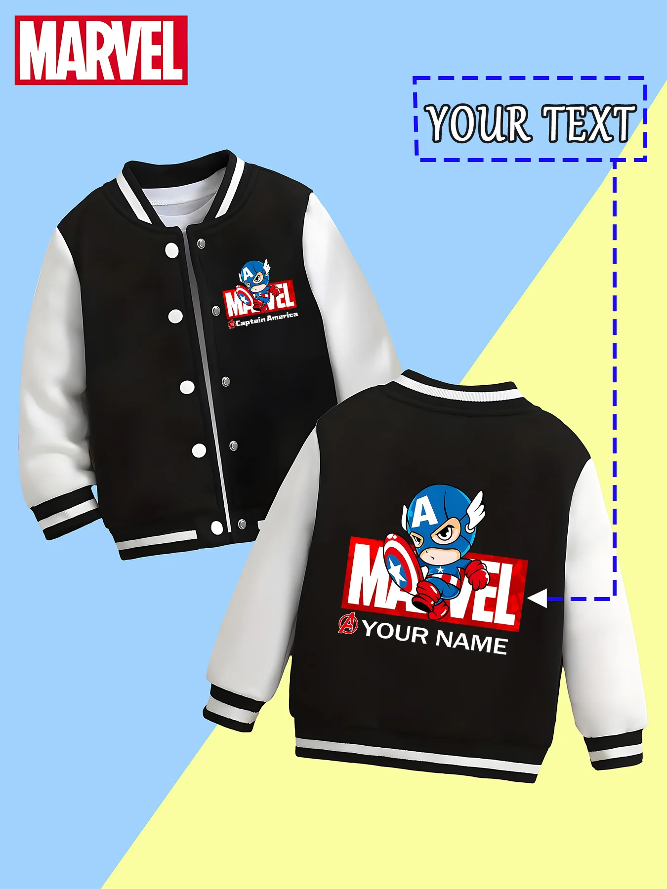 

MINISO Marvel Boys Baseball Jacket - Captain America Q version of the vibrant print, cute and exciting, perfect for school sport