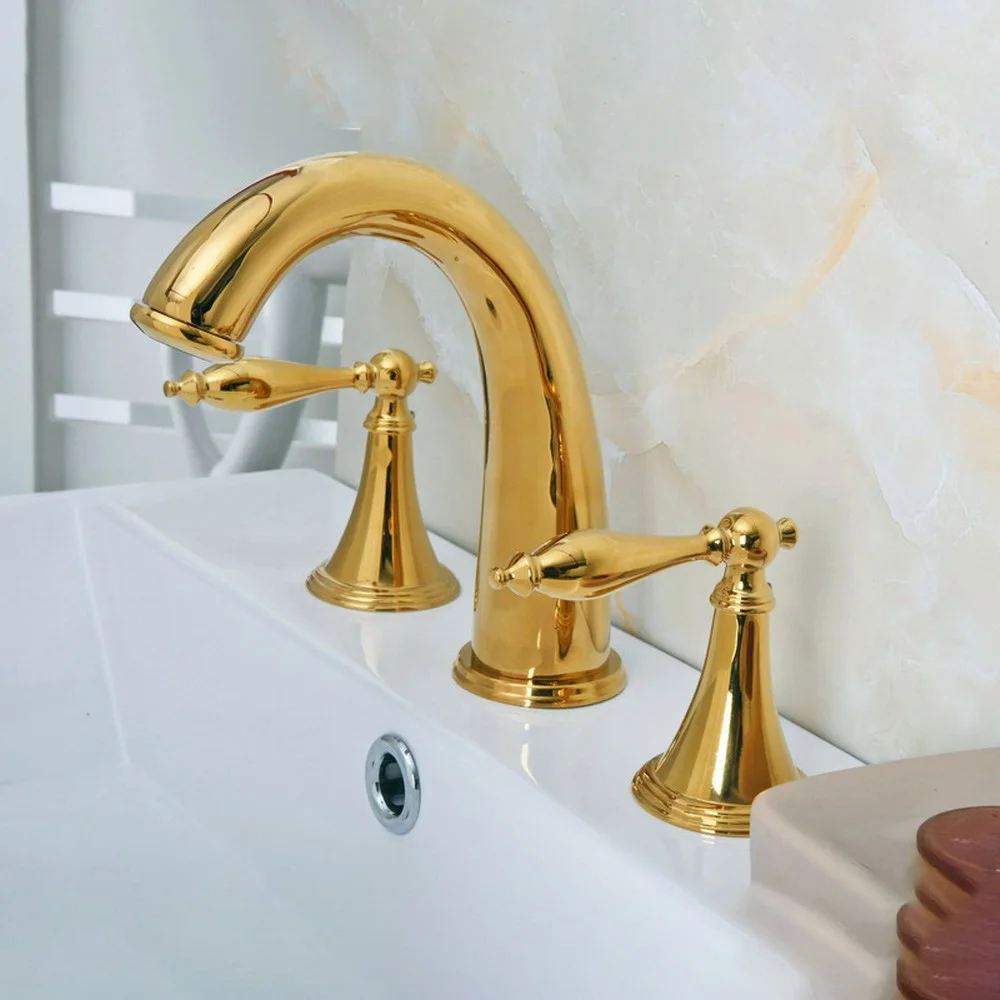 

Luxury Golden Brass 2 Handles Widespread Three Holes 3 Piece Bathroom Faucet Deck Mount Vanity Mixer Sink Tap tgf020