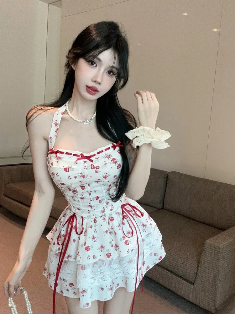 달콤한 꽃무늬 타이다이 나비 매듭 스트랩 탑 레이스 스플라이싱 케이크 스커트 세트 여성 캐주얼 스타일 폴리에스터 소재 가을 의류