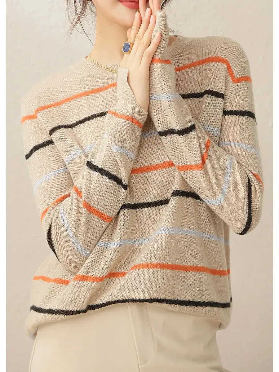 LOUIS YAO Women Sweater Colorful Striped Top Round O Neck Loose Fit Casual Long Sleeve Basic Women\'s Knitwear