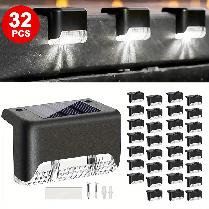 

32 Pcs Solar Deck Lights Outdoor Waterproof LED Solar Step Fence Lights for Stairs Step Railing Patio Driveway Garden Pathway