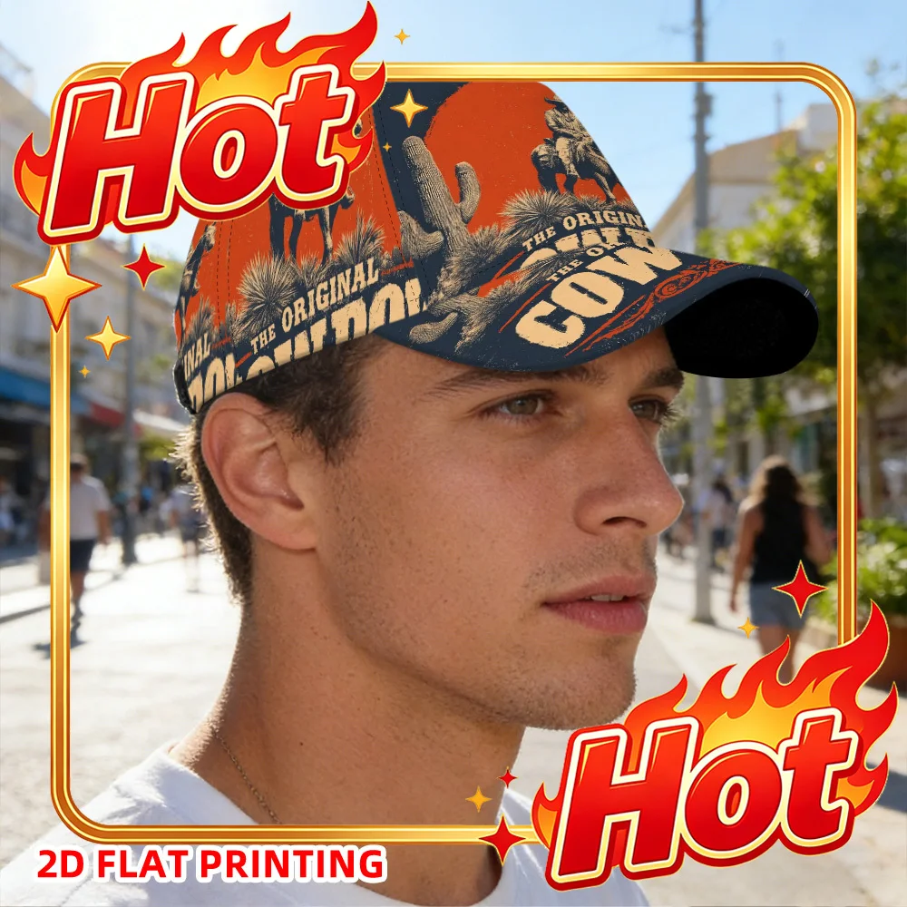 Custom 1pc 2D Flat Western Cowboy Desert Scene Design Print Duckbill Cap - Adjustable Snapback Baseball Hat, Lightweight