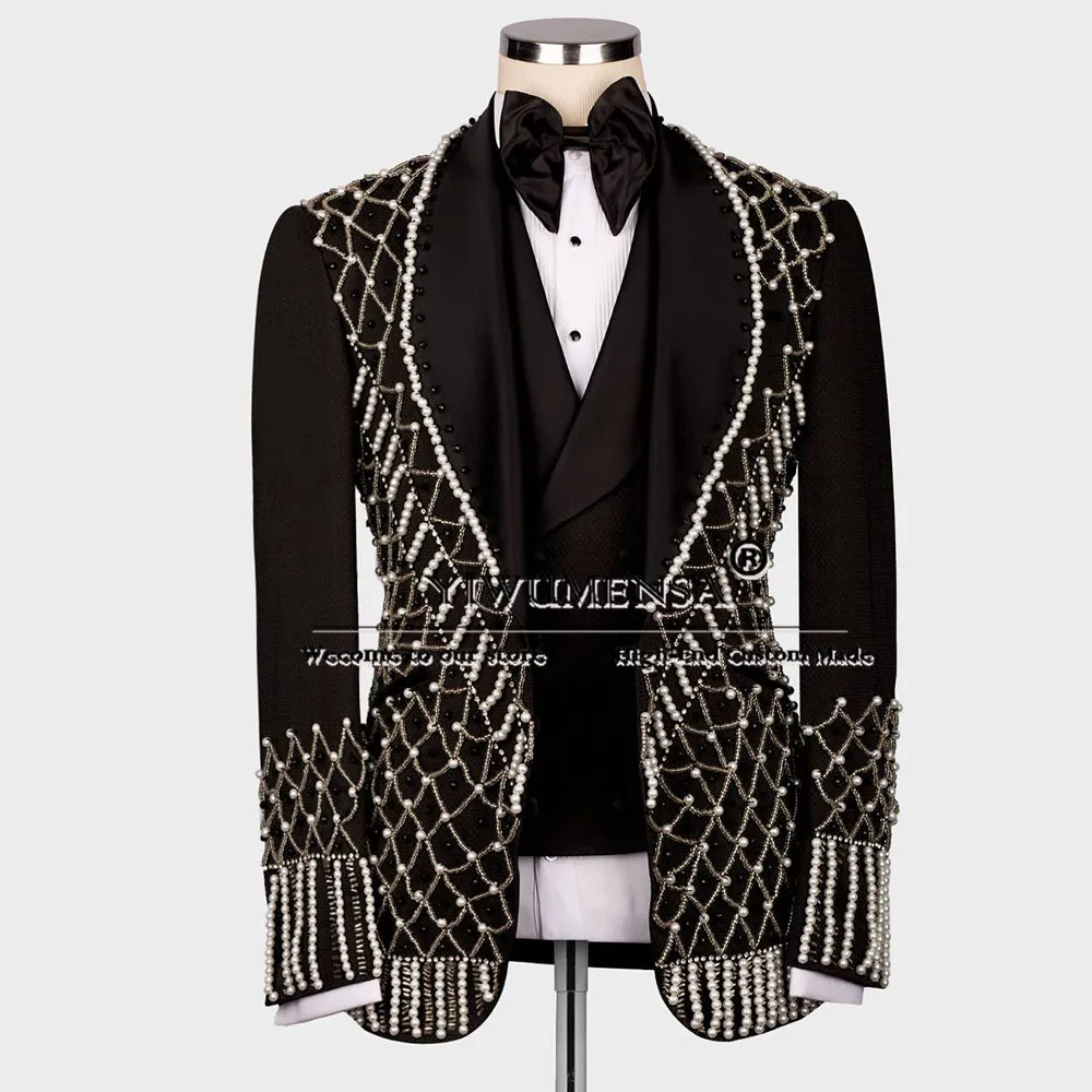 Exclusive Jewelry Pearls Suits Men For Wedding Shawl Lapel Prom Blazer Formal Party 3 Pieces (Jacket Vest Pants) Groom Tuxedo