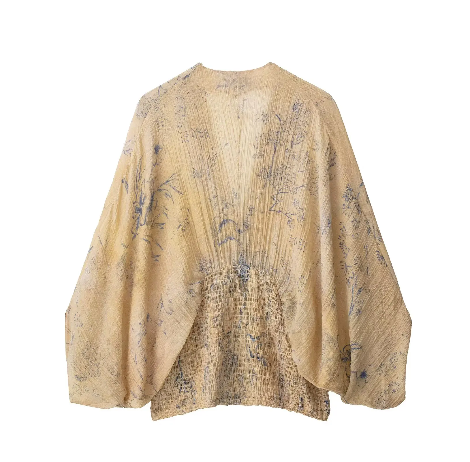 LIBIELIY Autumn/winter New Elegant Fashion Wide Sleeve V-neck Print Shirt Comfortable Retro Waist Top