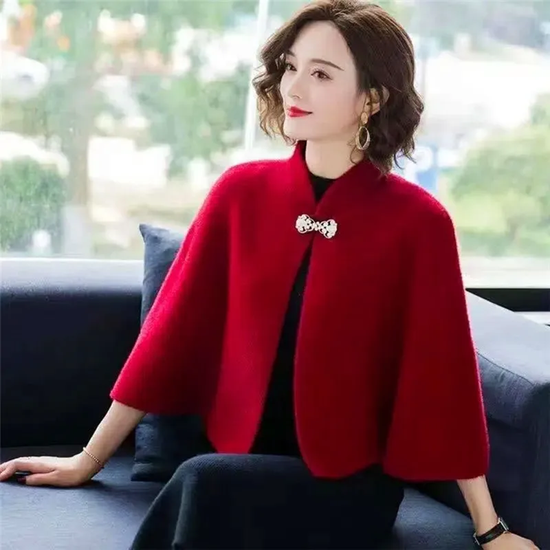 Women Imitation Mink Velvet Sweater Short Knitted Shawl Coat Autumn Winter Thicken Embroidered Cloak Elegant Cardigan Jacket