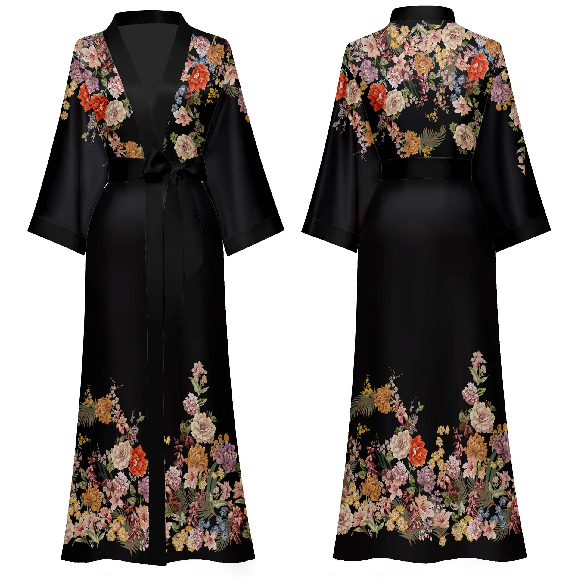 Flower Print Long Robe Women's Large Size Half Sleeve Kimono Bathrobe Sleepwear Silky Satin Homewear Loungewear Dressing Gown 6