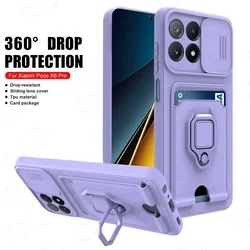 For Xiaomi Poco X6 Pro Case Push Camera Protector Soft Cover PocoX6 PocoX6Pro X6Pro 5G Car Magnetic Card Slot Ring Stand Fundas
