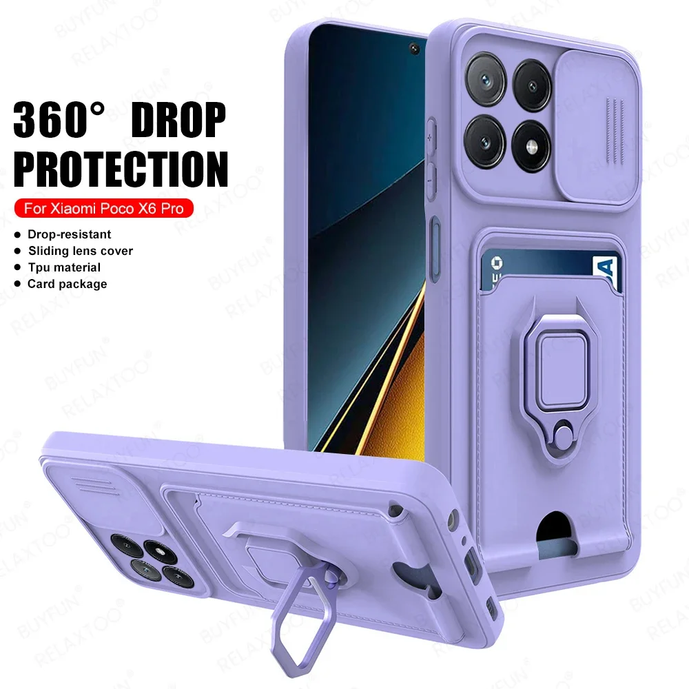 For Xiaomi Poco X6 Pro Case Push Camera Protector Soft Cover PocoX6 PocoX6Pro X6Pro 5G Car Magnetic Card Slot Ring Stand Fundas