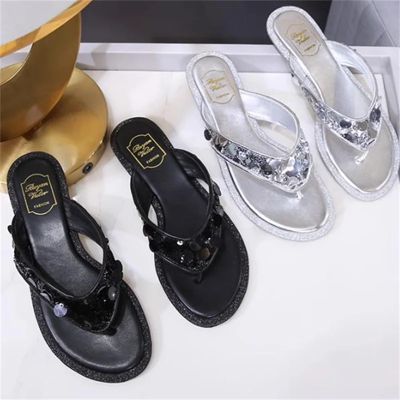 

Sequin Shoes for Lady Flip-flops Flat Heels Women Sewing Lines Chassure Femme Solid Female Slippers Pu Leather Zapatos De Mujer