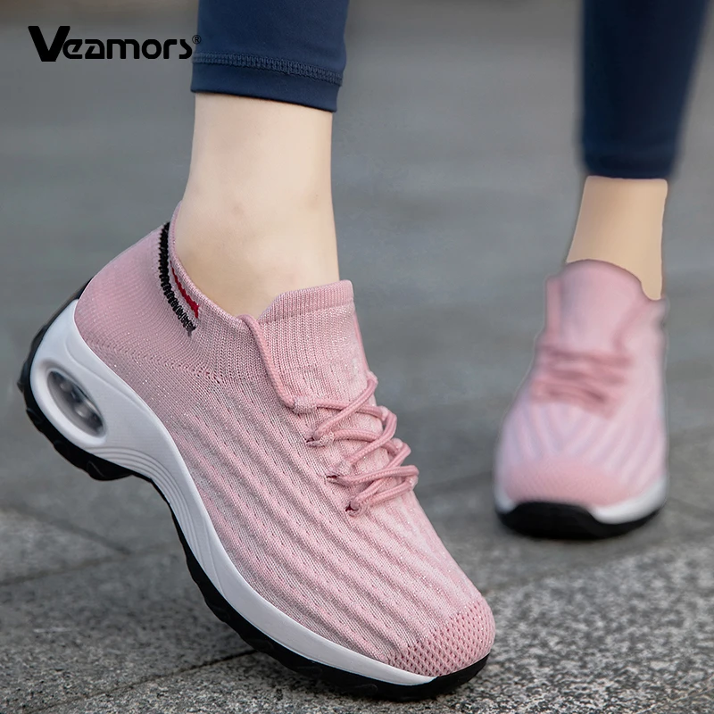 Fashion Knitted Women Running Shoes Air-cushion Platform Walking Shoes Anti-slip Outdoor Jogging Traveling Shoes Casual Sneakers