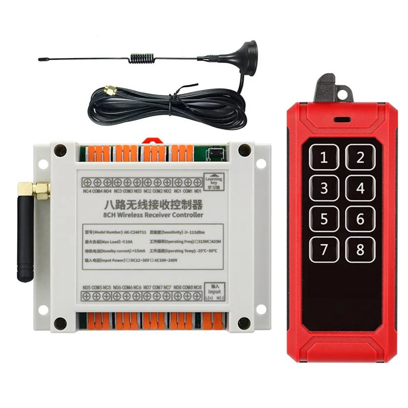 433MHZ 1000m Industrial DC 12V 24V 36V 8CH RF Wireless Remote Control Overhead travelling crane System Receiver Suckers antenna
