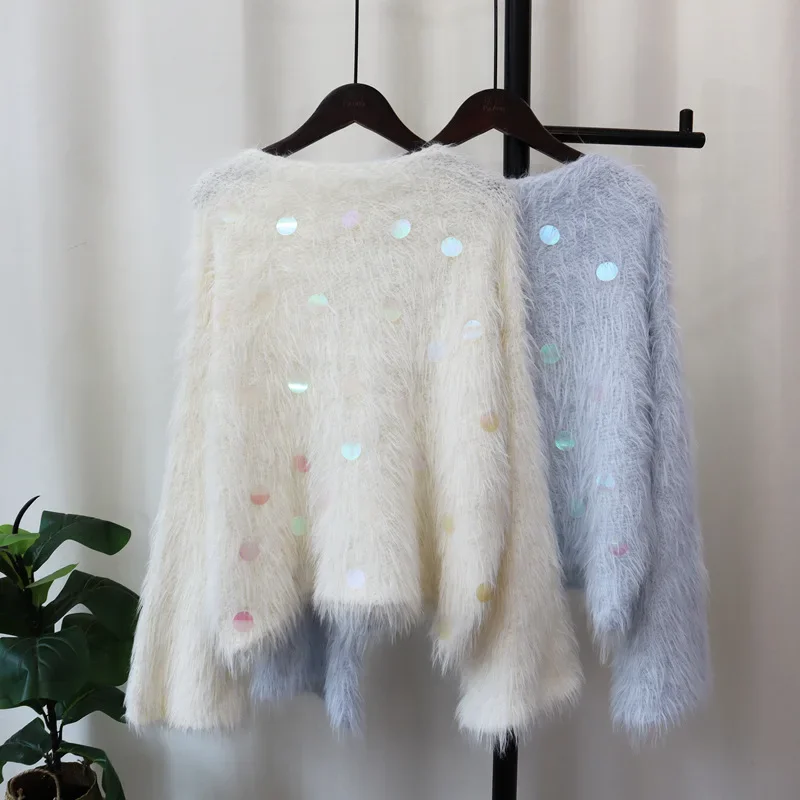 2024 Women Sequin O-neck Sweater Cardigan Fur Kintted Loose Spring Autumn Vintage Winter Streetwear Y2k Jumper Coat Cardigans