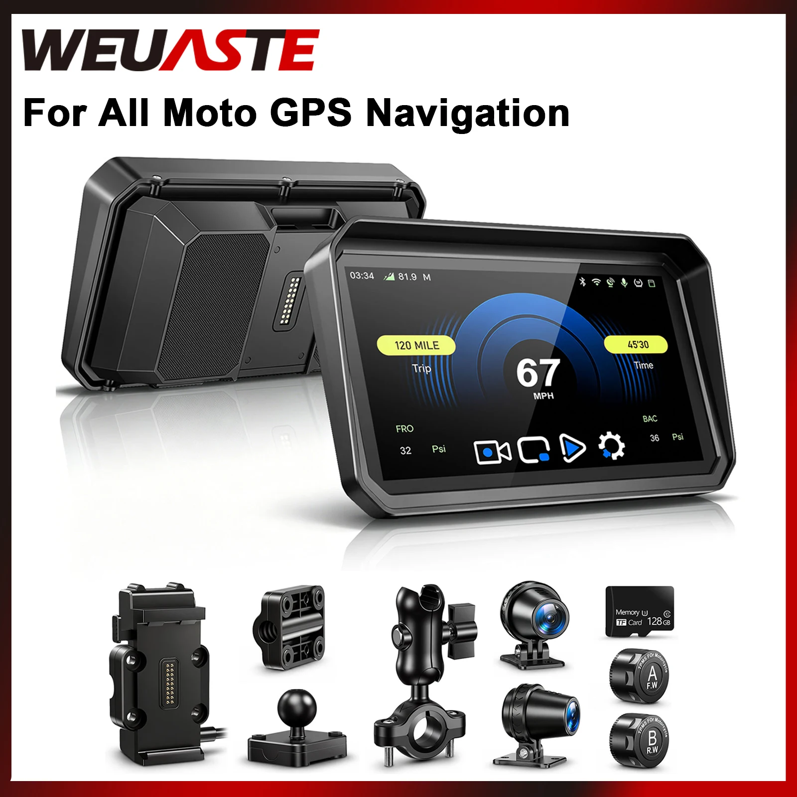 WEUASTE 7-inch Quick-Release Motorcycle Dash Cam with GPS Navigation Wireless CarPlay Dual Cameras TPMS For All Motorcycle