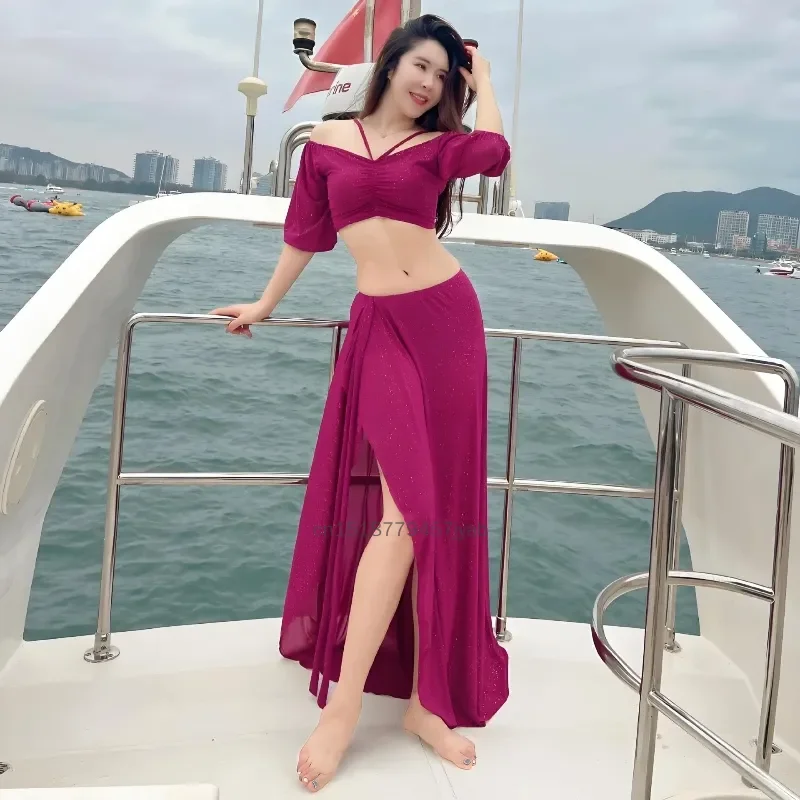 ベリーダンス衣装セット 女性用 メッシュ長袖トップ+ガーゼロングスカート 2点セット トレーニングセット オリエンタルベリーダンスクラスユニフォーム