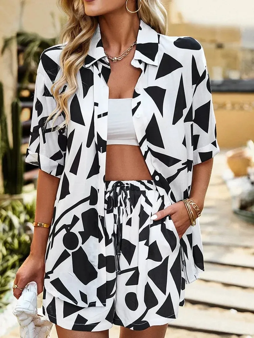 Casual Short Sleeve Shirt Shorts Set Office Lady Summer Geometric Print Tops Lace Up Pants Two Piece Set Women Outfit 2023