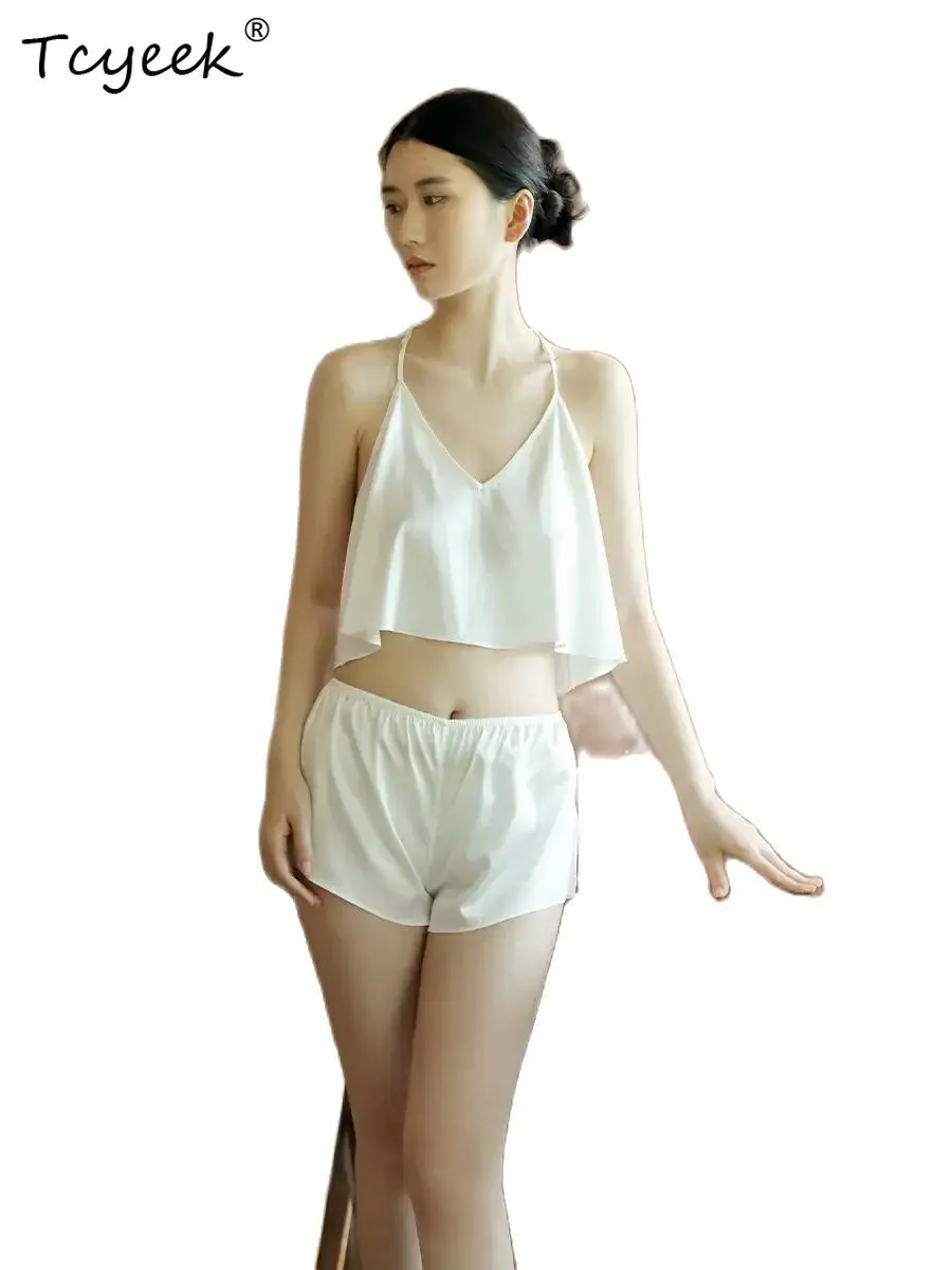 

Tcyeek, 90%Natural Silk Eelegant Pajamas Sets, Women Spaghetti Strap Lace Backless Shorts, 2024 Summer Sleepwear New S48070QC