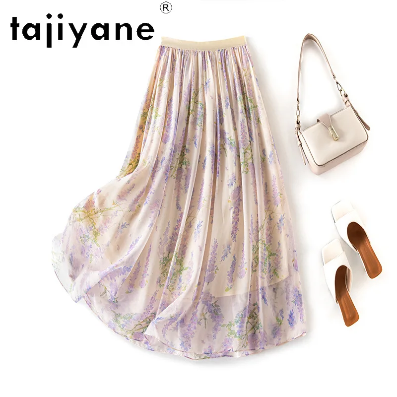 TAJIYANE 100% Mulberry Silk Women's Skirts Lavender Purple Floral Print Long Skirts for Woman Pleated Skirt Summer Clothes Юбка