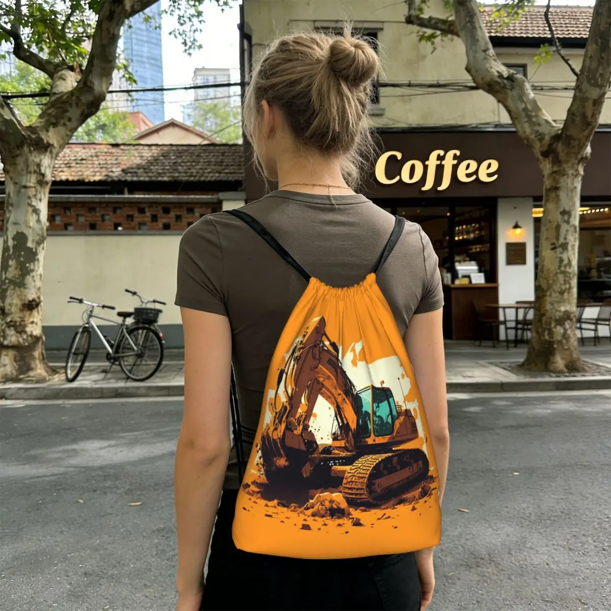 Cartoon Excavator Digger Car Backpacks Portable Drawstring Bundle Pocket Storage Bag Book Bags for Man Woman Students