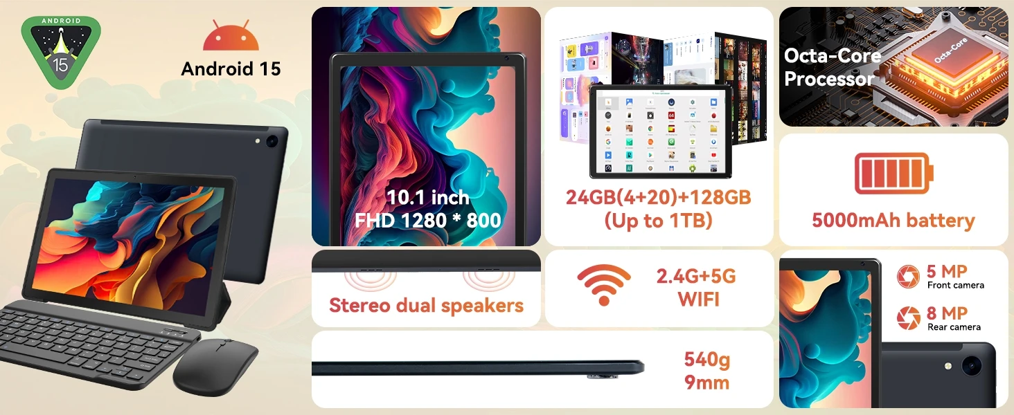 URAO C108 10.1 Inch Narrow Bezel Octa Core Tablet PC Android 15 24GB(4+20GB Virtual) RAM 128GB ROM 5000mAh HD 800*1280 Screen Dual Camera Full Set with Keyboard Mouse Stylus Case Earphone 1TB TF Expand Learning Office Tablet