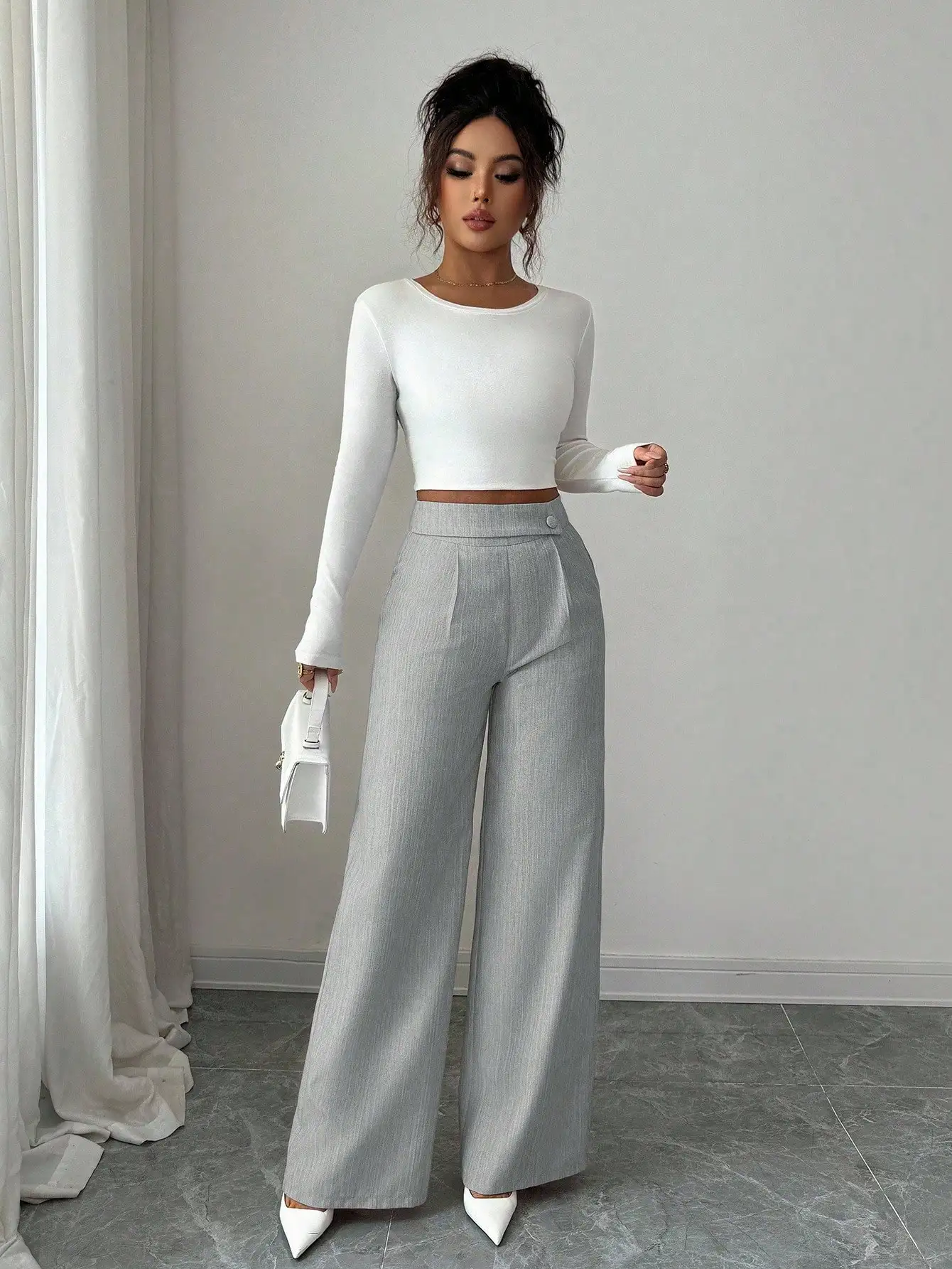 

Women's Gray High Waist Pleated Wide Leg Pants Casual Elegant Office Wear