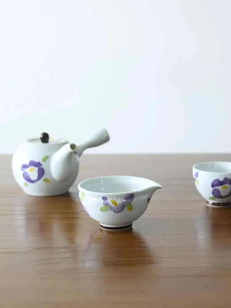 

In Stock Japanese Imported Arita-Yaki Purple Flower Tea Set Combination Ceramic Side-Handle Teapot Teacup Sharing Pot