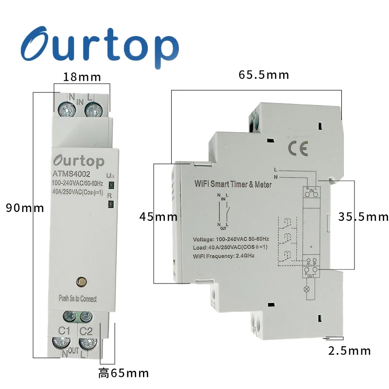 Ourtop ATMS4002 Tuya WiFi Bluetooth Smart Circuit Breaker 40A DIN Rail Smart Switch Power Energy Metering Timer Remote Control f