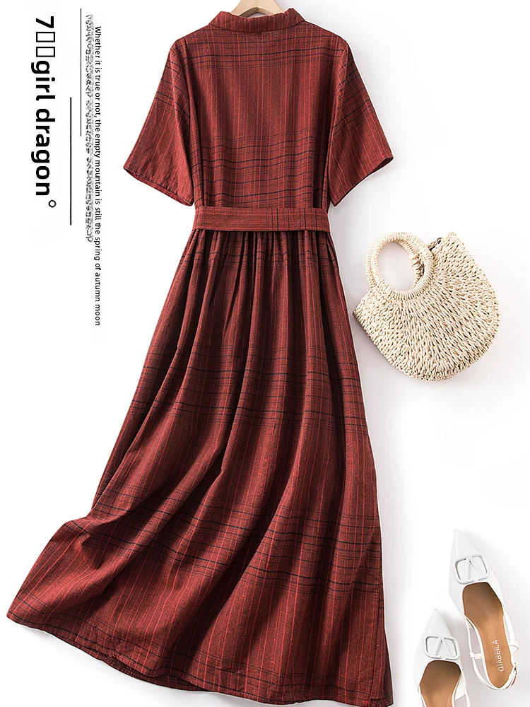 레트로 일본 브랜드 코튼 린넨 오트 스웨트 드레스 허리 조임 A라인 드레스 스트라이프 패턴 출퇴근용 슬레 하이웨이스트