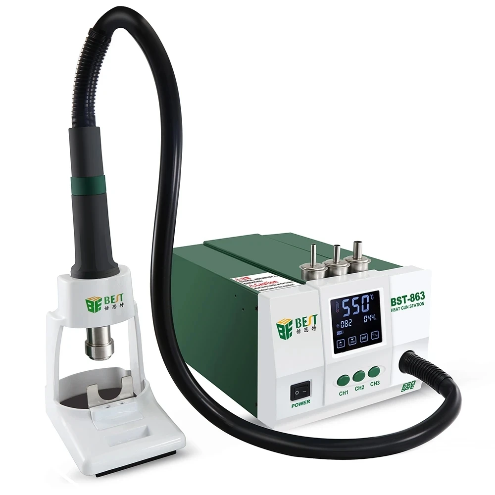 

Lead Free Adjustable Hot Air Gun Rework Station, LCD Screen Intelligent Digital Display for Phone CPU, PCB Repair, 1200W, BST 86