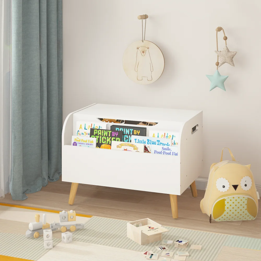 

Wooden Toy Box, Kids Toy Storage Organizer with Front Bookshelf, Flip-Top Lid, Safety Hinge, Boys Girls Toy Chest Bench for Play