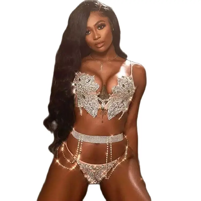 

Silver Diamond Bikini 2-Piece Set Model Catwalk Club Bar Party Show Costume DJ Singer Dancer Bra Shorts Pole Dancing Stage Wear