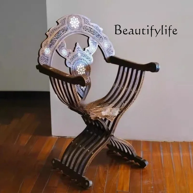 Breakfast Balcony Restaurant Single Solid Wood Carving Flower Classical Chair Art Coffee Armchair