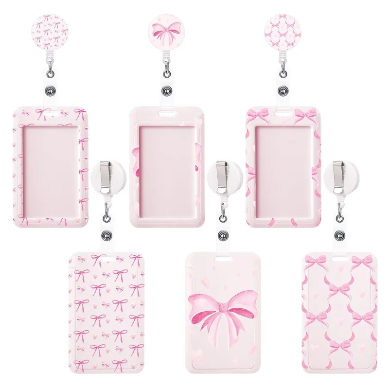 Student Retractable Worker ID Badge Reel Card Holder Set Pink Color Fashion Bow Print ABS Card Holder with 360° Clip for Women