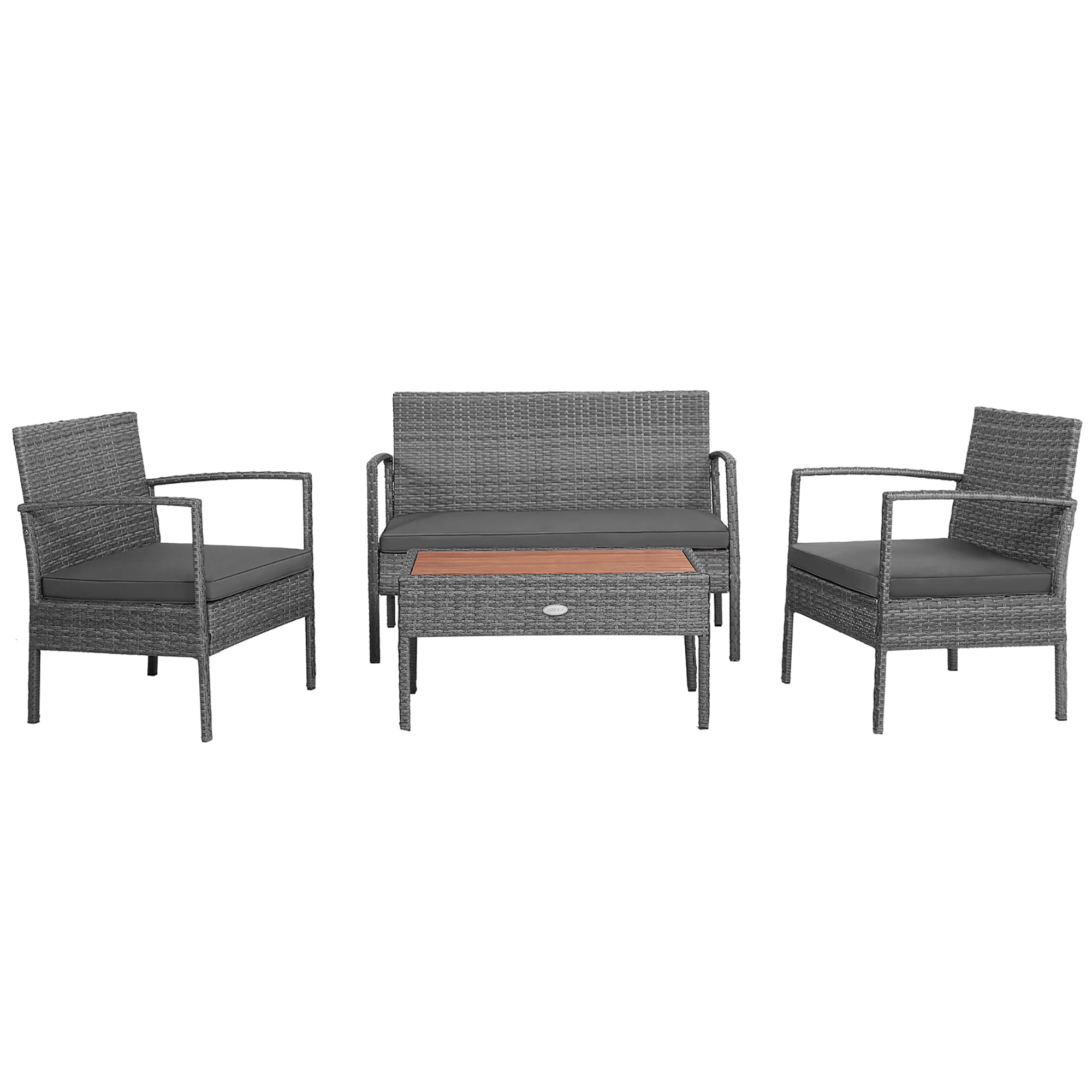 4PCS Patio Rattan Furniture Set Cushioned Chair Wooden Tabletop Gray