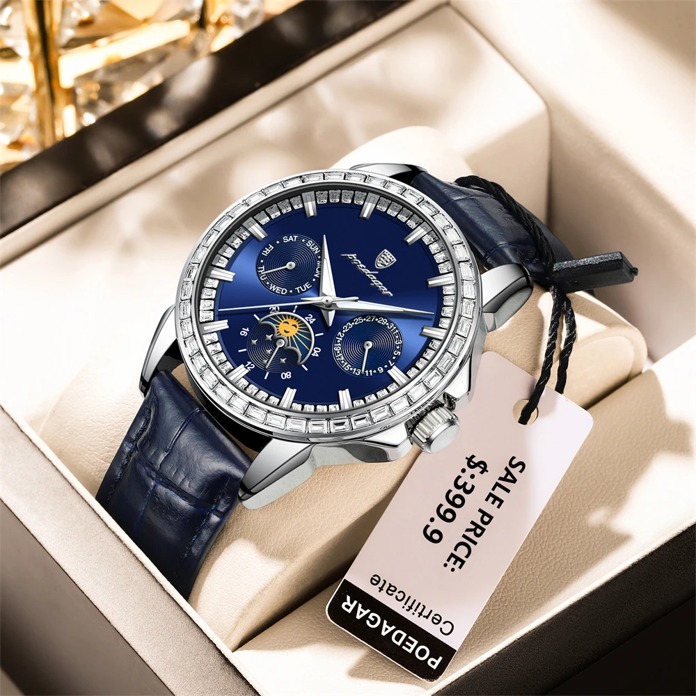 POEDAGAR Top Orologi di lusso per uomo Data settimana Orologio da uomo in pelle luminosa impermeabile Orologio da polso da uomo al quarzo moda casual Reloj