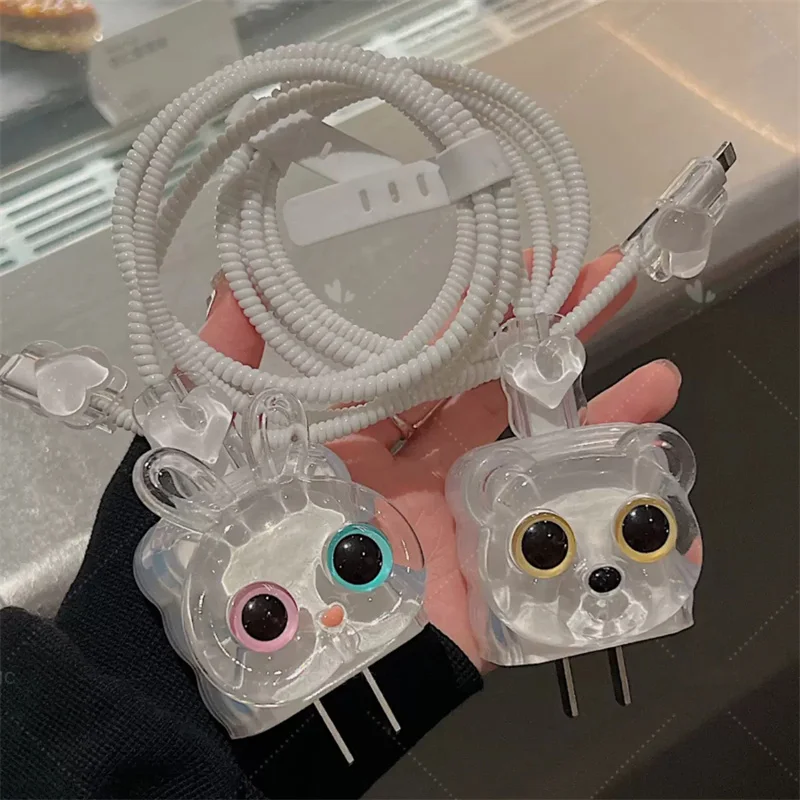 Cartoon Cute 3D Rabbit Bear Clear Charger Protective Case For IPhone 11 12 13 14 15 18W-20W Fast Charge Protection Charger Cover