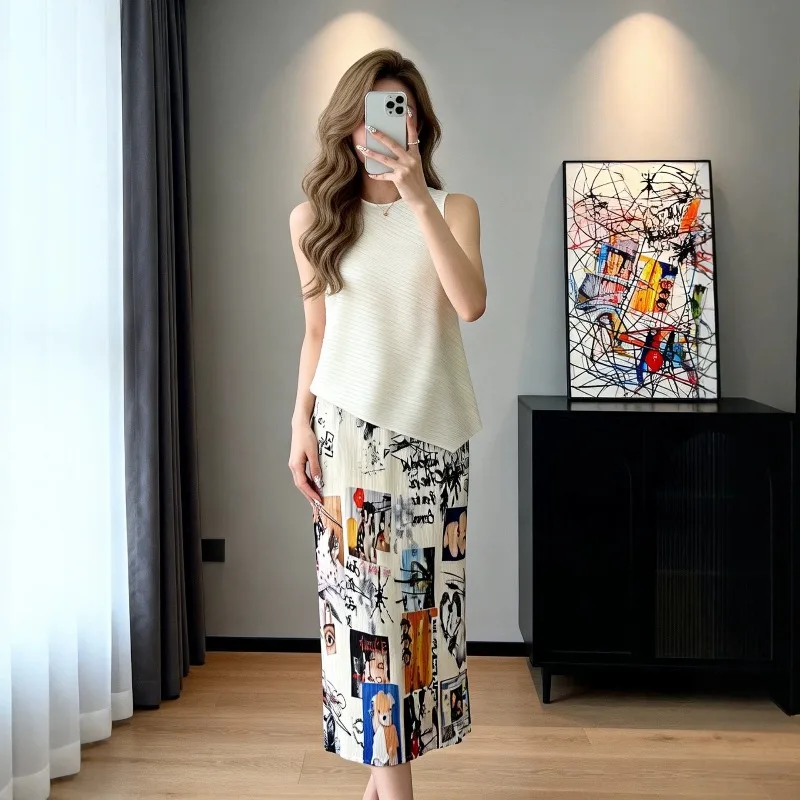 Miyake Pleated Summer Art Graffiti Skirt 2026 Original New Women's Fashion Pleated Versatile Straight Mid-Length Skirt Pleat