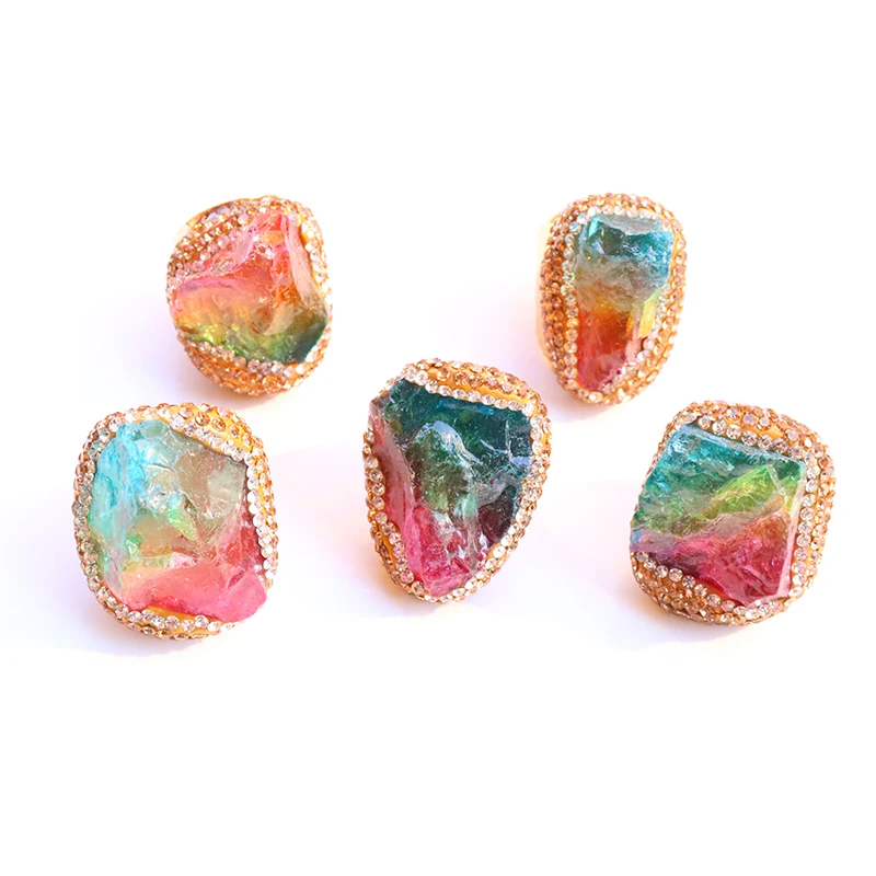 Irregular Rainbow Crystal Open Rings for Women Boho Micro Inlay Reiki Natural Stone Ring Wedding Jewelry with Tourmaline